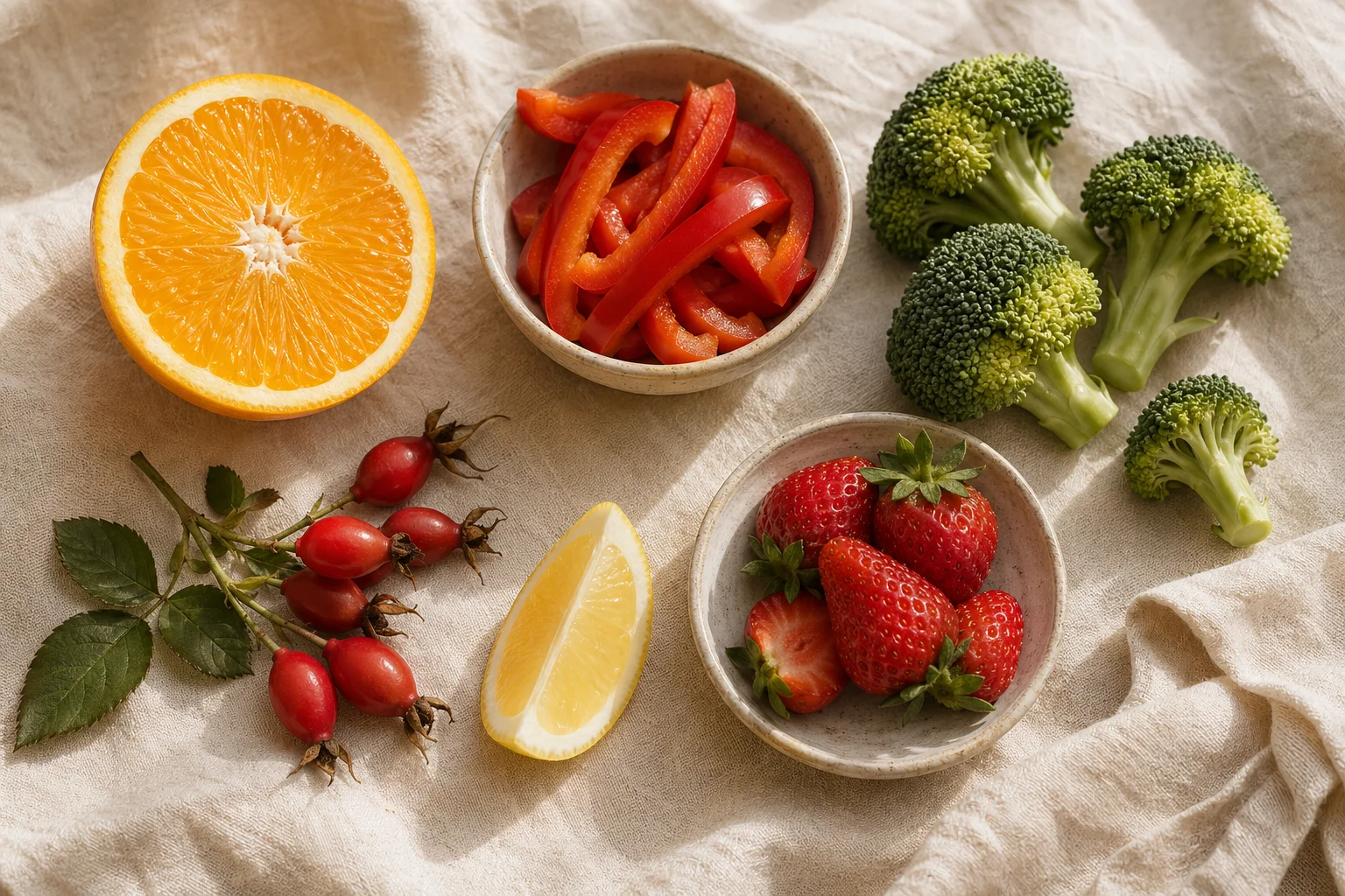 Potraviny bohaté na vitamín C — pomeranč, paprika, brokolice, šípky, citron a jahody