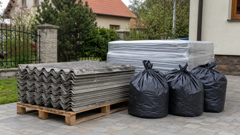Stará vlnitá eternitová střecha rodinného domu zblízka, šedé desky se stopami stáří a mechu
