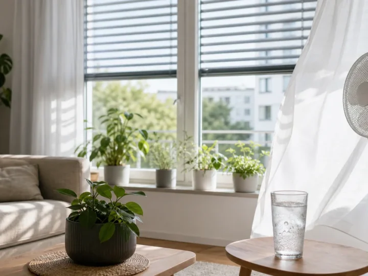 Světlý byt za horkého dne se staženými žaluziemi, ventilátorem a sklenicí ledové vody