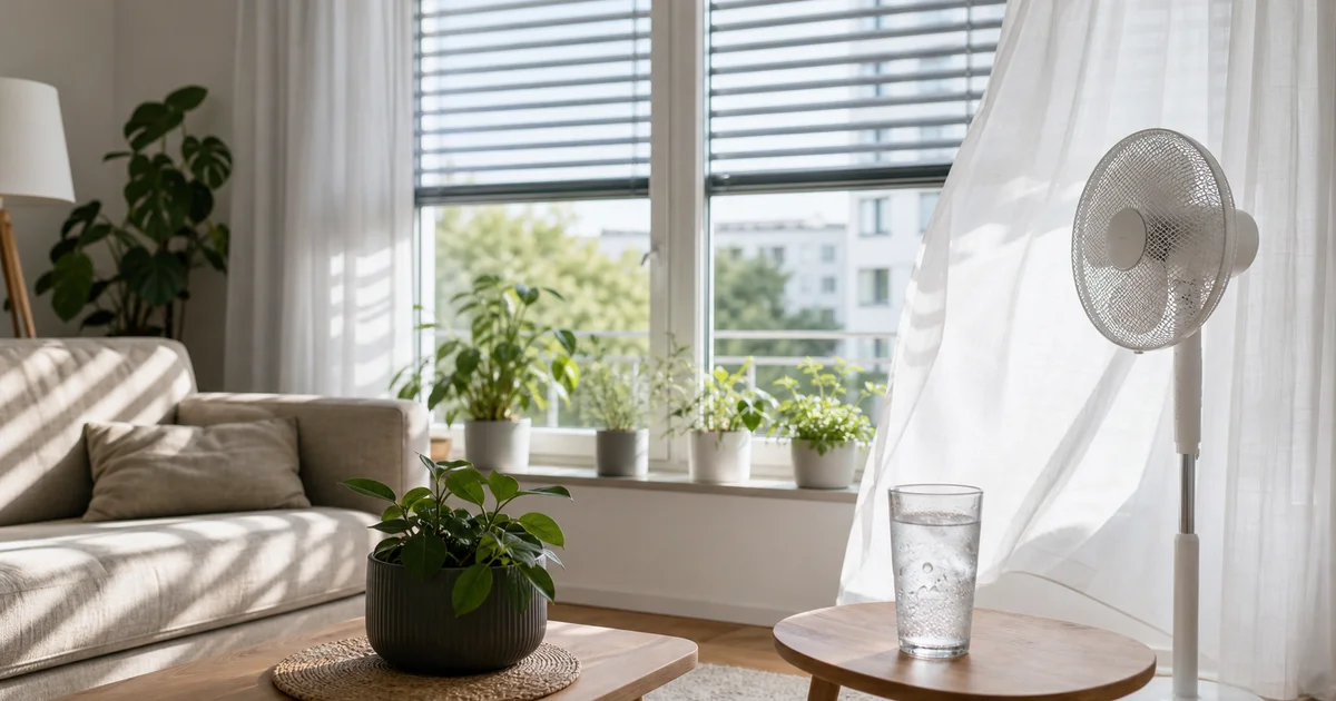 Světlý byt za horkého dne se staženými žaluziemi, ventilátorem a sklenicí ledové vody