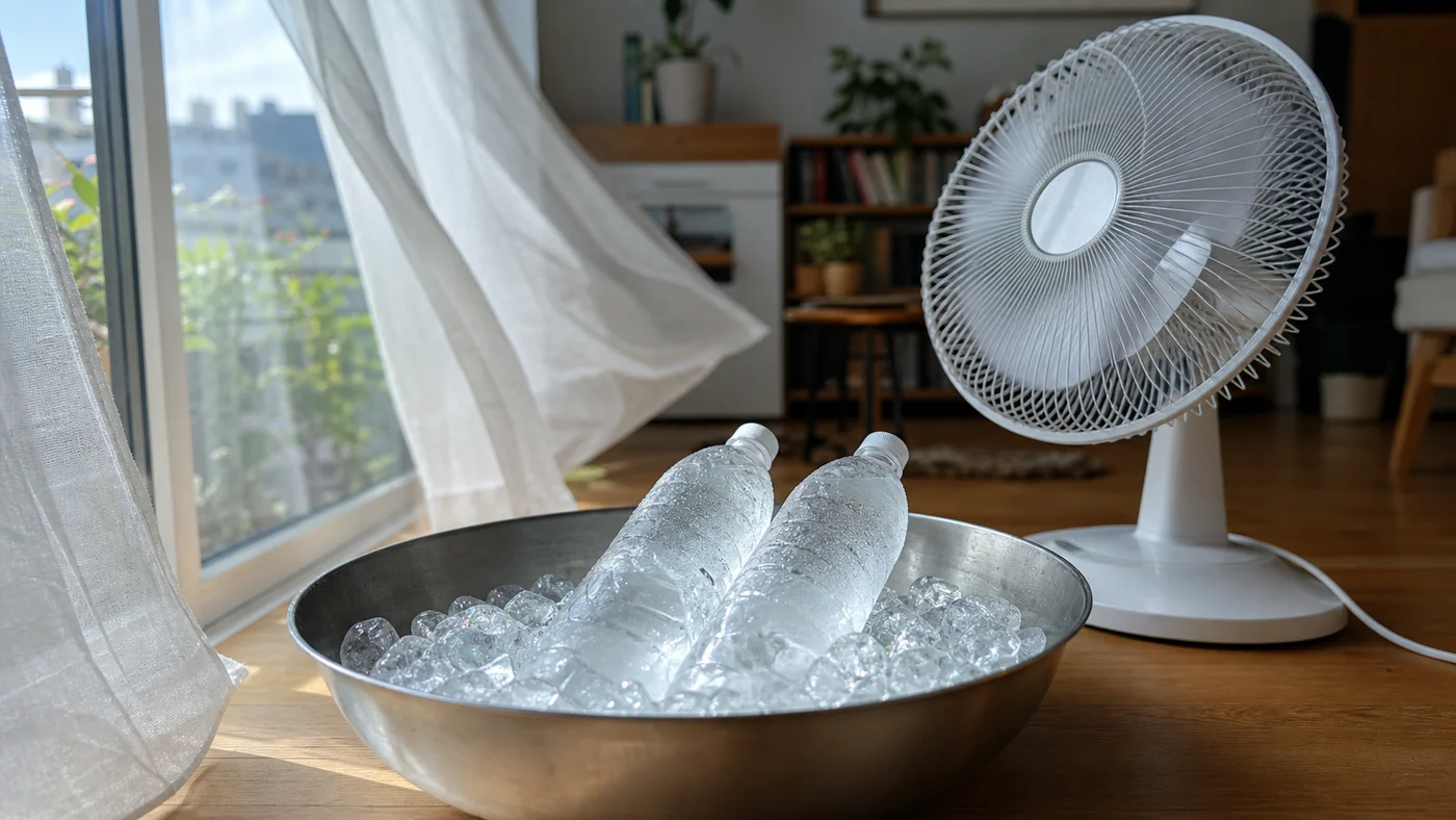 Ventilátor foukající přes kovovou mísu s ledem a zmrzlými láhvemi vody u okna