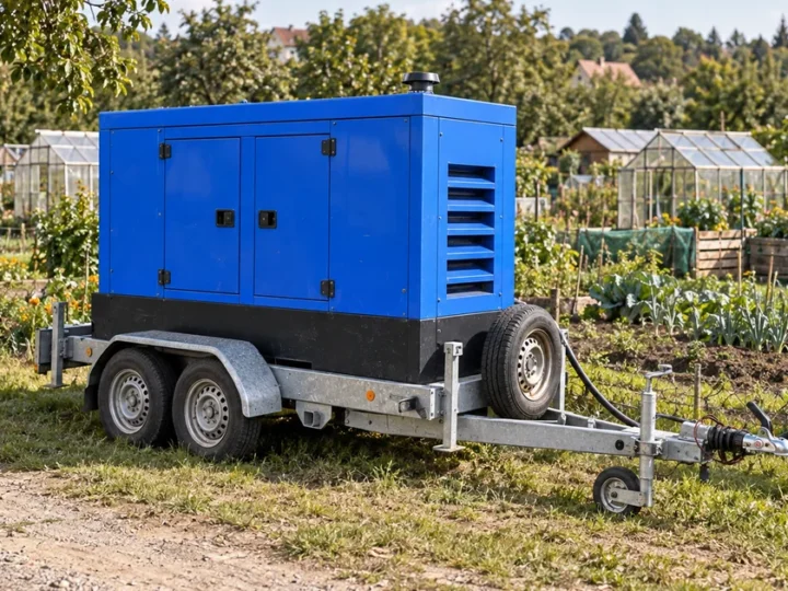 Modrá elektrocentrála na přívěsu na okraji komunitní zahrady, záhony a skleníky členů spolku, letní odpoledne