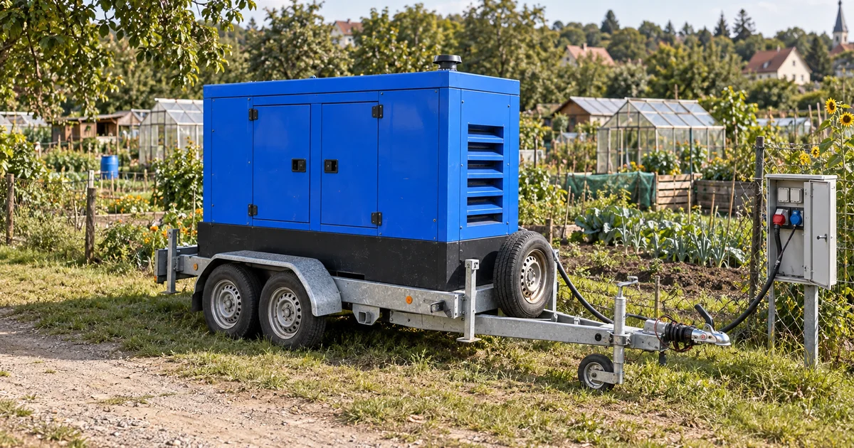 Modrá elektrocentrála na přívěsu na okraji komunitní zahrady, záhony a skleníky členů spolku, letní odpoledne