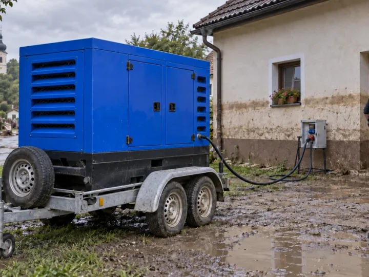 Modrá kapotovaná elektrocentrála na přívěsu před rodinným domem se stopami bahna, vynášené vysoušeče, zářijové ráno