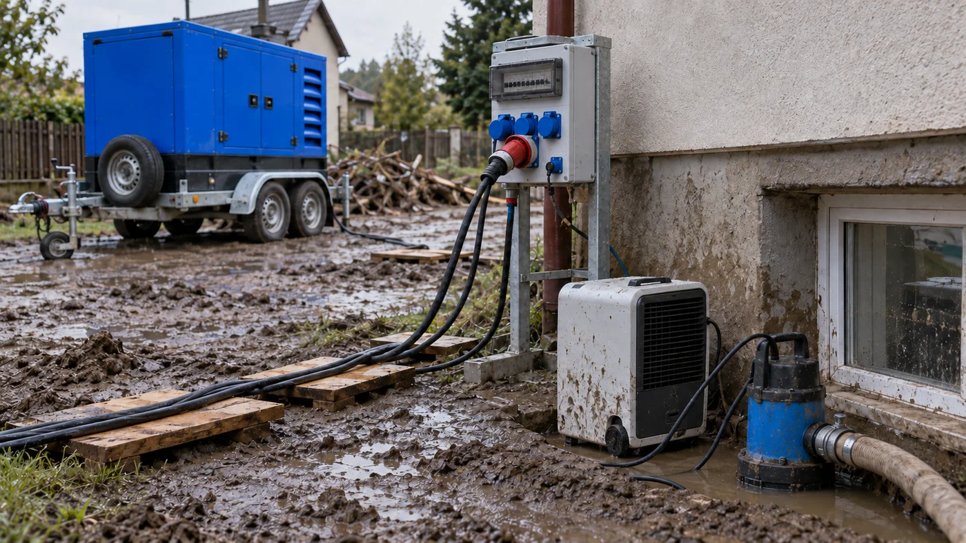 Kabely na dřevěných podložkách vedou od rozvaděče ke kalovému čerpadlu a vysoušeči u sklepního okna, vzadu modrá elektrocentrála