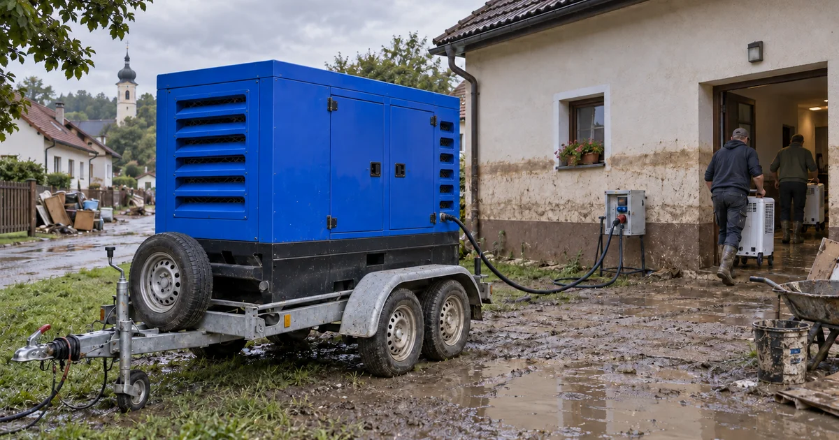 Modrá kapotovaná elektrocentrála na přívěsu před rodinným domem se stopami bahna, vynášené vysoušeče, zářijové ráno