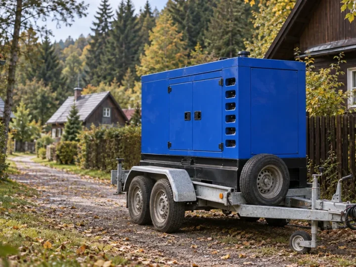 Modrá elektrocentrála na přívěsu na cestě mezi chatami v osadě u lesa, padající listí, zářijové odpoledne