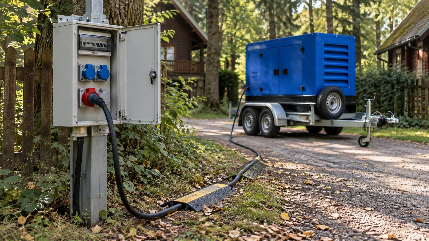 Kabel vedený od rozvaděče na sloupku k modré kapotované elektrocentrále na přívěsu za zábranou, na zemi spadané listí