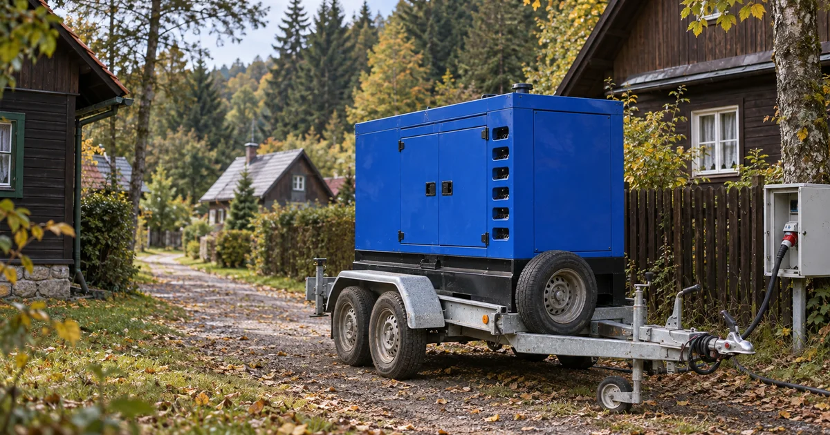 Modrá elektrocentrála na přívěsu na cestě mezi chatami v osadě u lesa, padající listí, zářijové odpoledne