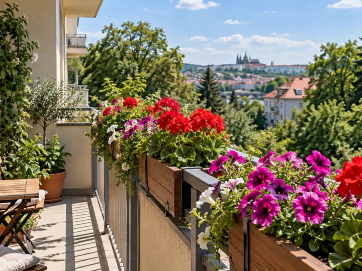 Balkon s dřevěnými truhlíky plnými kvetoucích petúnií a muškátů v pozdním létě