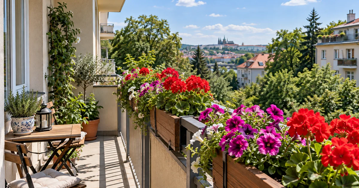 Balkon s dřevěnými truhlíky plnými kvetoucích petúnií a muškátů v pozdním létě