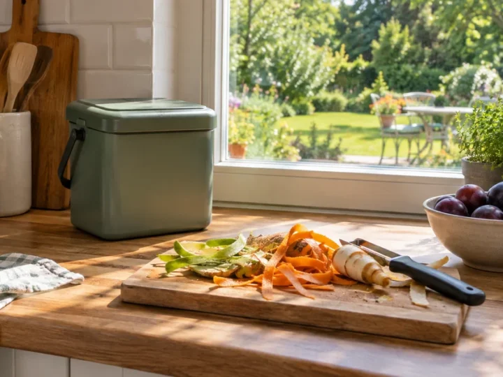 Kuchyňská linka s uzavřeným kbelíkem na bioodpad, slupkami zeleniny a prkénkem