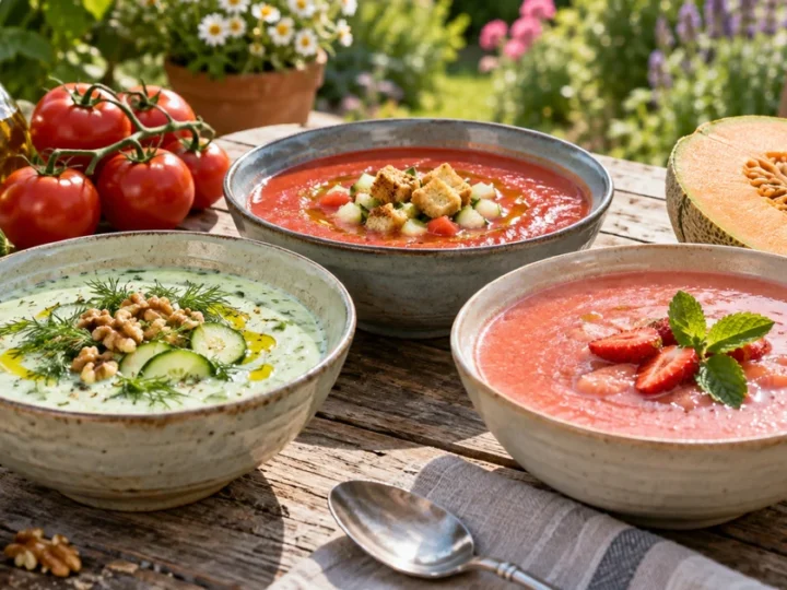 Tři misky studených polévek na dřevěném zahradním stole: bílozelená okurková s koprem a ořechy, červené gazpacho s krutony a růžová melounová s jahodami a mátou