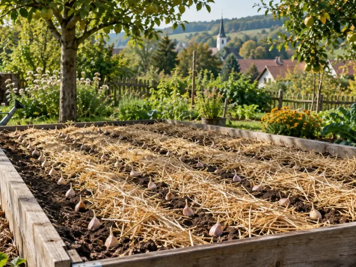 Slunný zahradní záhon s čerstvě zasazenými řádky česneku, přikrytý slámou, na začátku podzimu