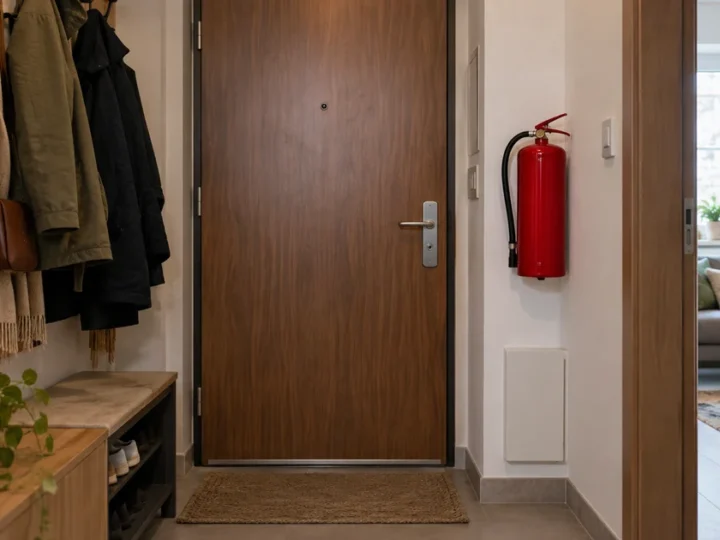 Hasicí přístroj na stěně v předsíni bytu vedle vchodových dveří
