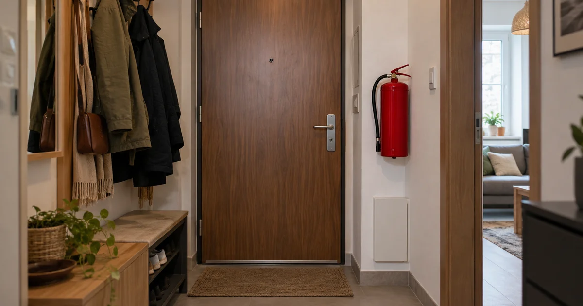 Hasicí přístroj na stěně v předsíni bytu vedle vchodových dveří