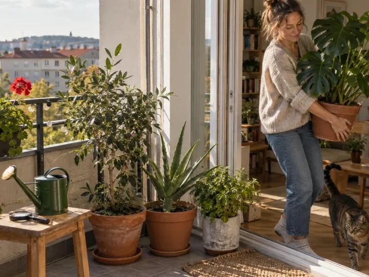 Žena nese monsteru z balkonu do bytu, na balkoně zůstávají pelargonie, aloe, citrusový stromek, konev a lupa, u jejích nohou prochází kočka