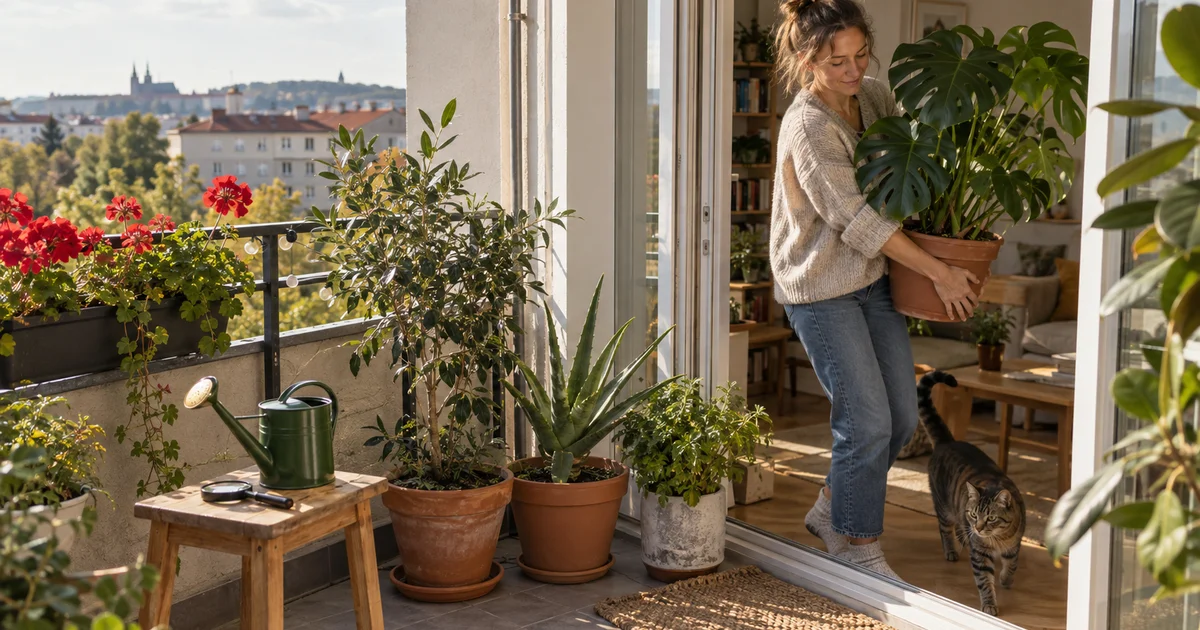 Žena nese monsteru z balkonu do bytu, na balkoně zůstávají pelargonie, aloe, citrusový stromek, konev a lupa, u jejích nohou prochází kočka