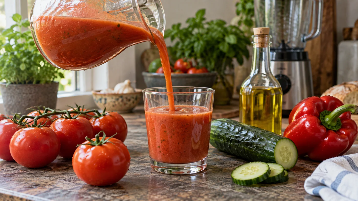 Červené gazpacho se nalévá ze skleněné konvice do sklenice, kolem rajčata, okurka, paprika a olivový olej
