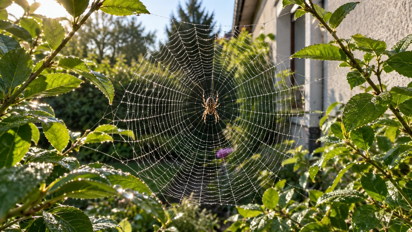 Kolová pavučina křižáka mezi větvemi keře na zahradě u domu