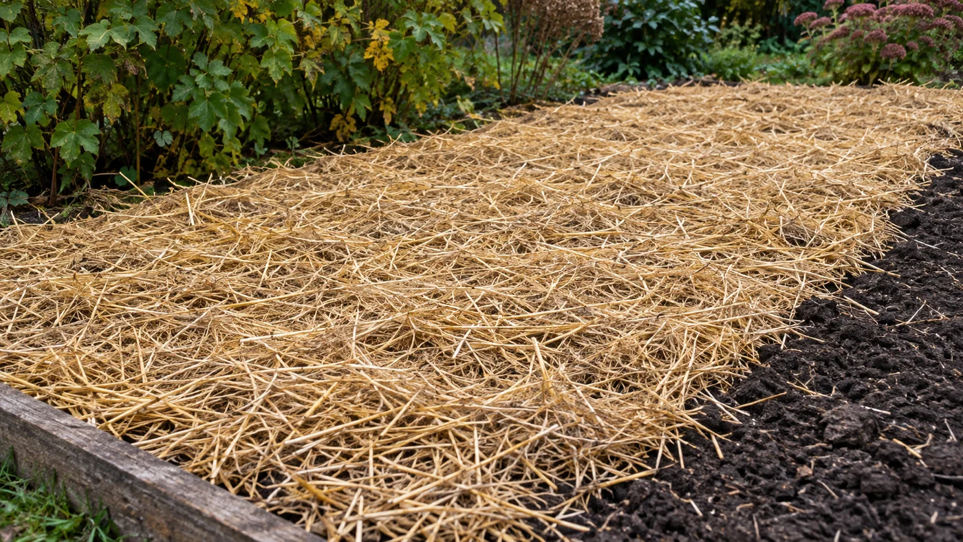 Detail vrstvy slámy na záhonu s česnekem, ze které nevyčnívají žádné výhony