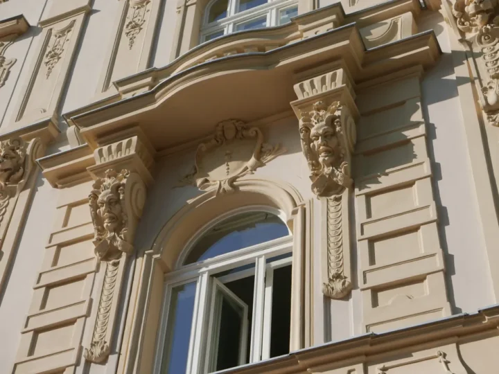Pootevřené špaletové okno s dekorativním klenutím