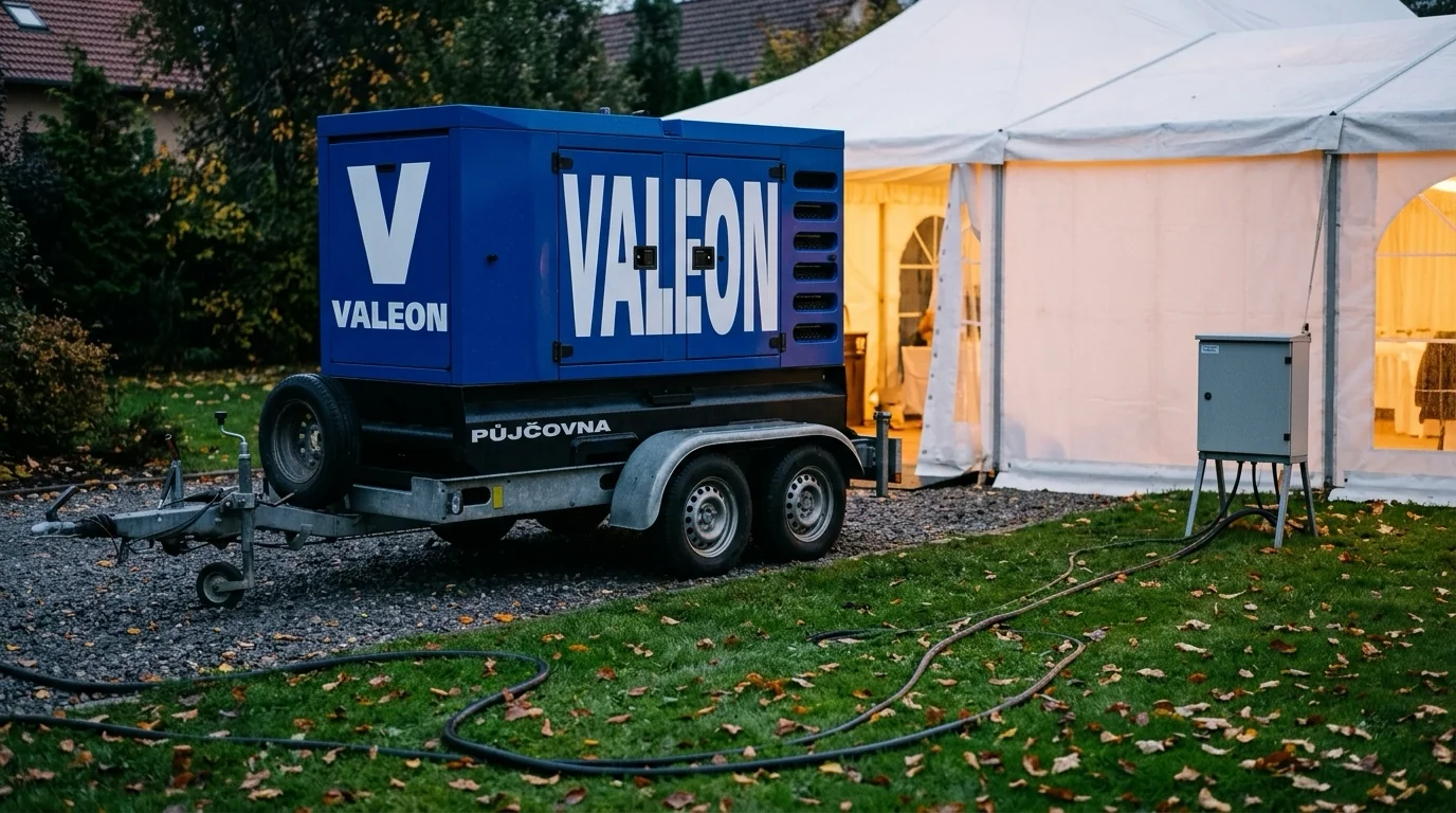 Gumový kabel od modré elektrocentrály na přívěsu vede po podzimním trávníku k rozvaděči u stanu