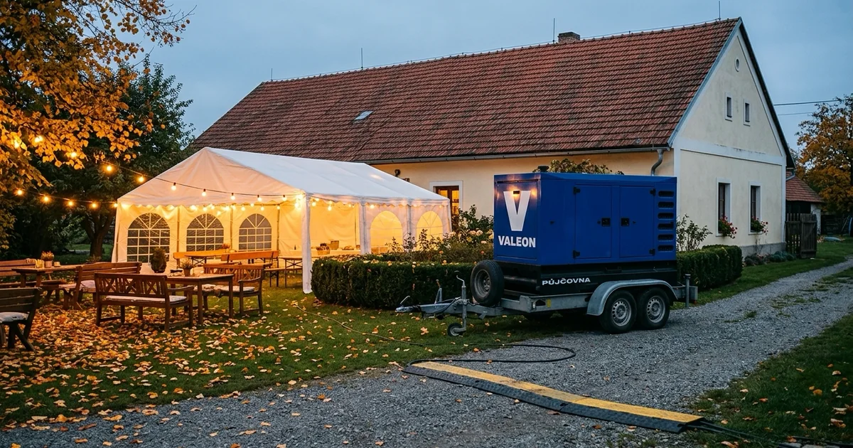 Zahrada venkovské usedlosti s bílým stanem a světelnými řetězy za soumraku, za plotem modrá elektrocentrála na přívěsu